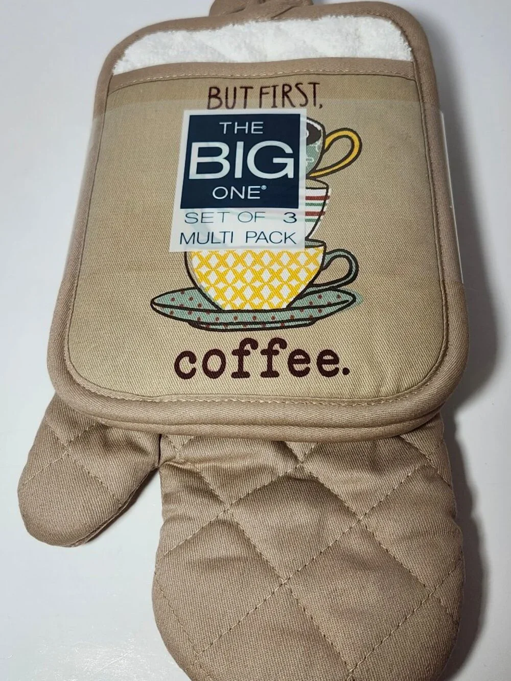 Sonoma But First Coffee Kitchen Set 3-Pc Oven Mitt & 2 Mini Pot Holders NWT
